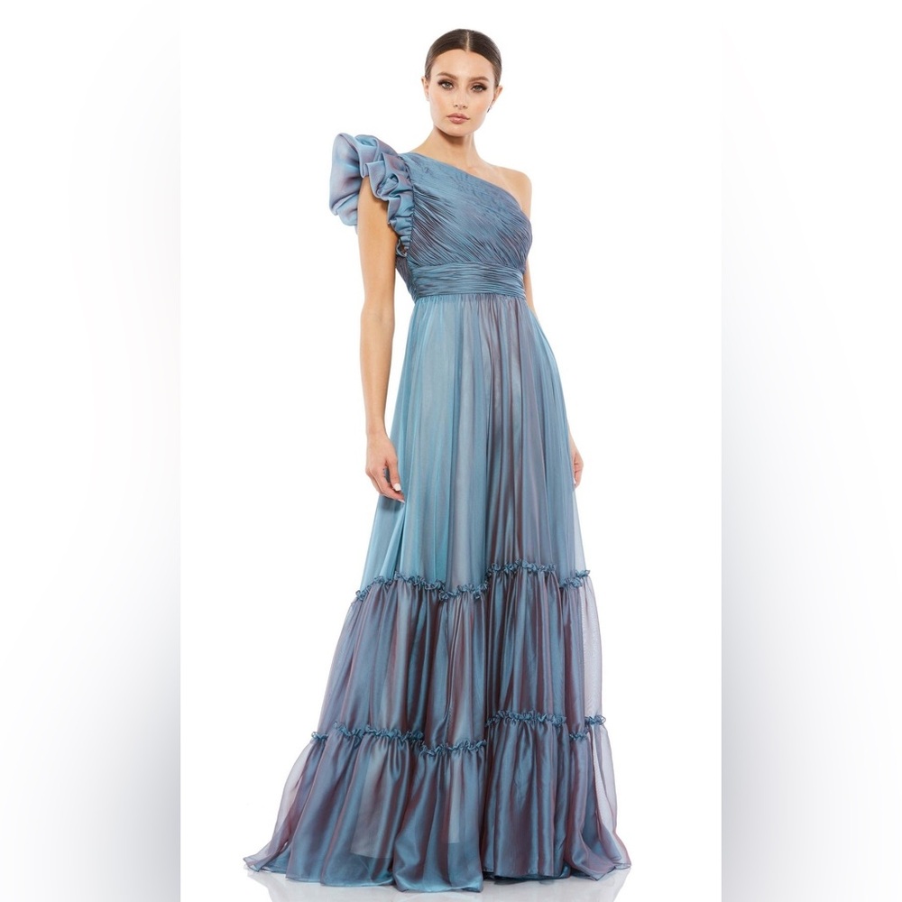 Mac Duggal One-Shoulder Gown in Shimmering Blue